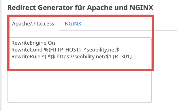 Kopiere den Code aus dem Redirect Generator