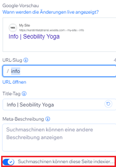 Suchmaschinen können diese Seite indexieren