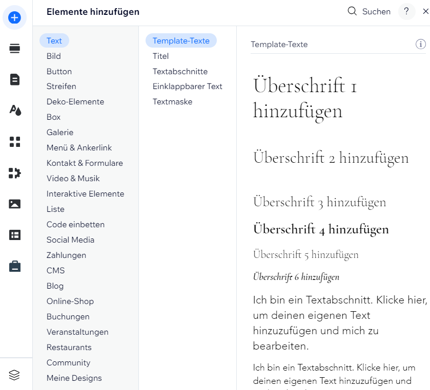 Wix kannst Du Tags für Überschriften