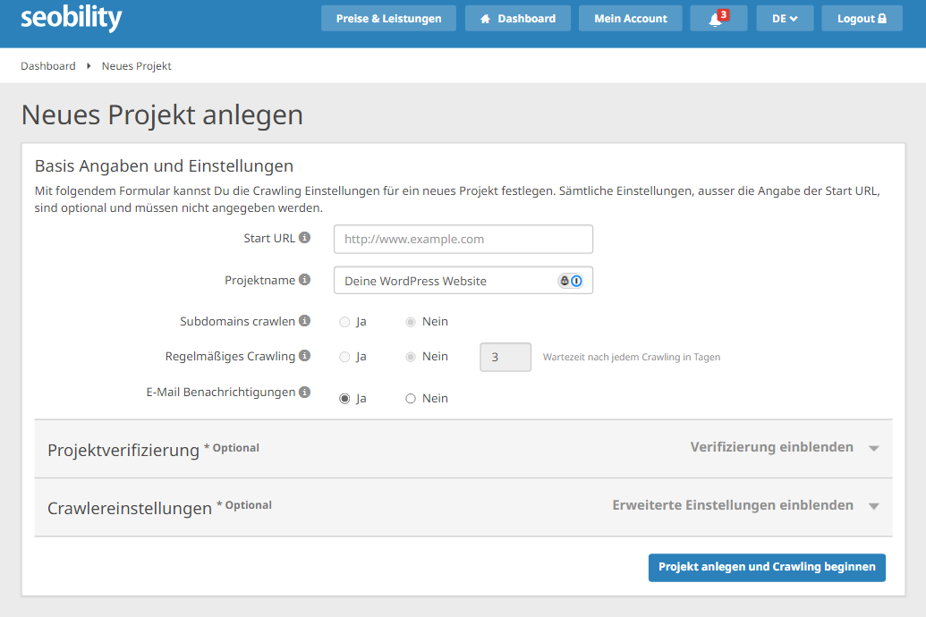 Projekt anlegen in Seobility