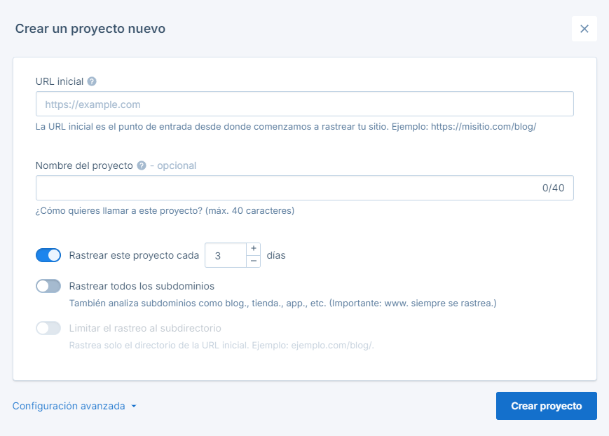 Nuevo proyecto en Seobility