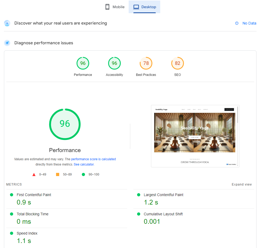 Pagespeed Insights Ergebnis der Webflow Website für Desktop