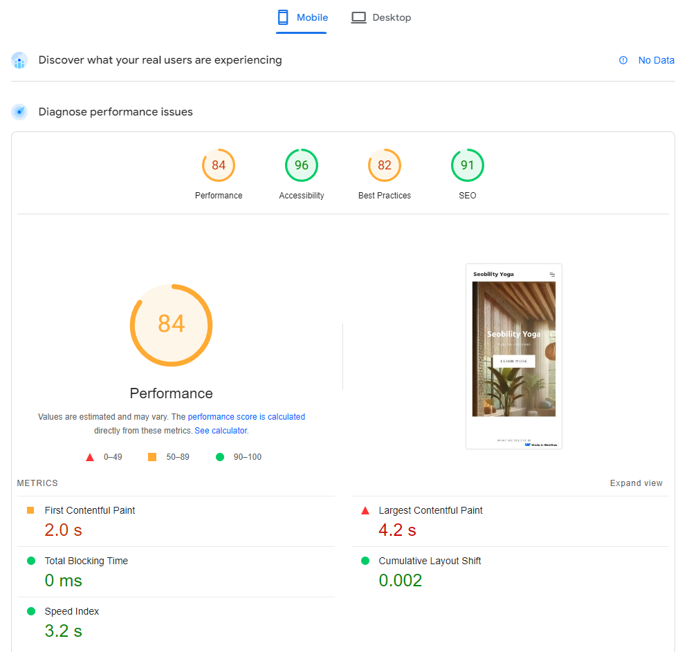 Pagespeed Insights Ergebnis der Webflow Website für Mobile
