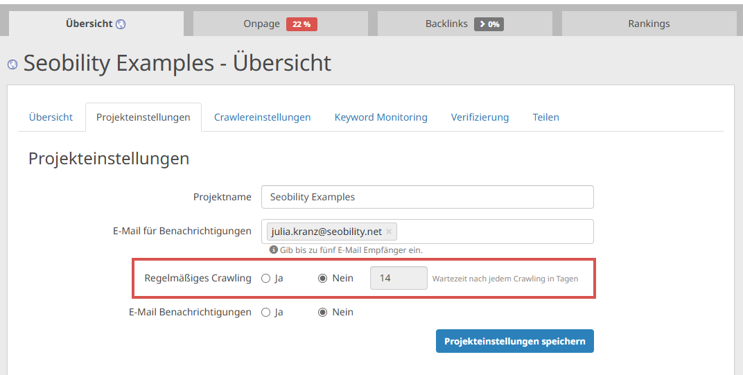 Aktivierung von regelmäßigem Crawling in Seobility