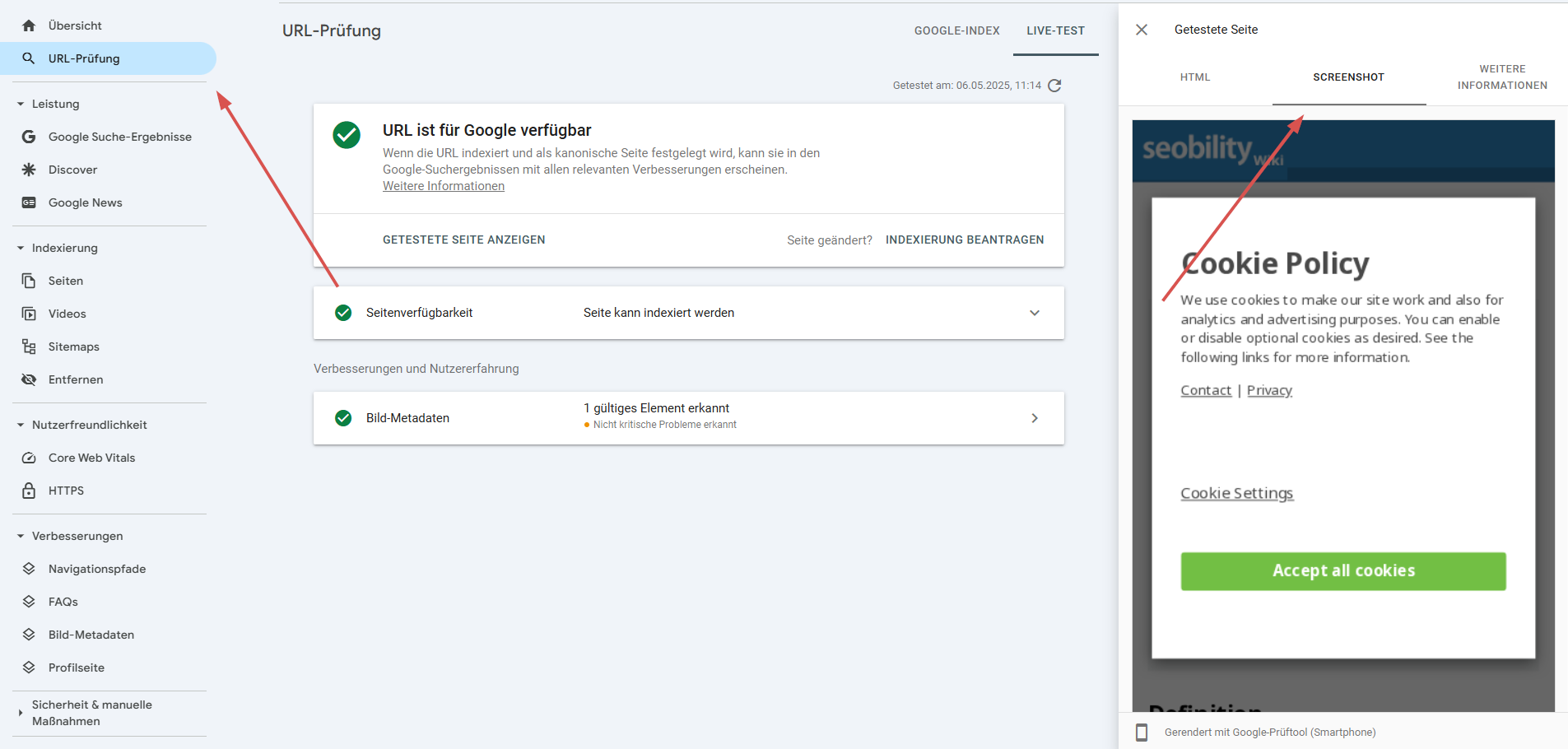 Tool zur URL-Prüfung in der Search Console