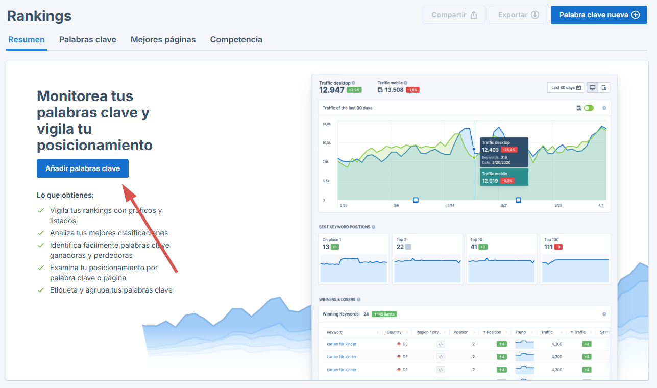 Añade palabras clave al Rank Tracker