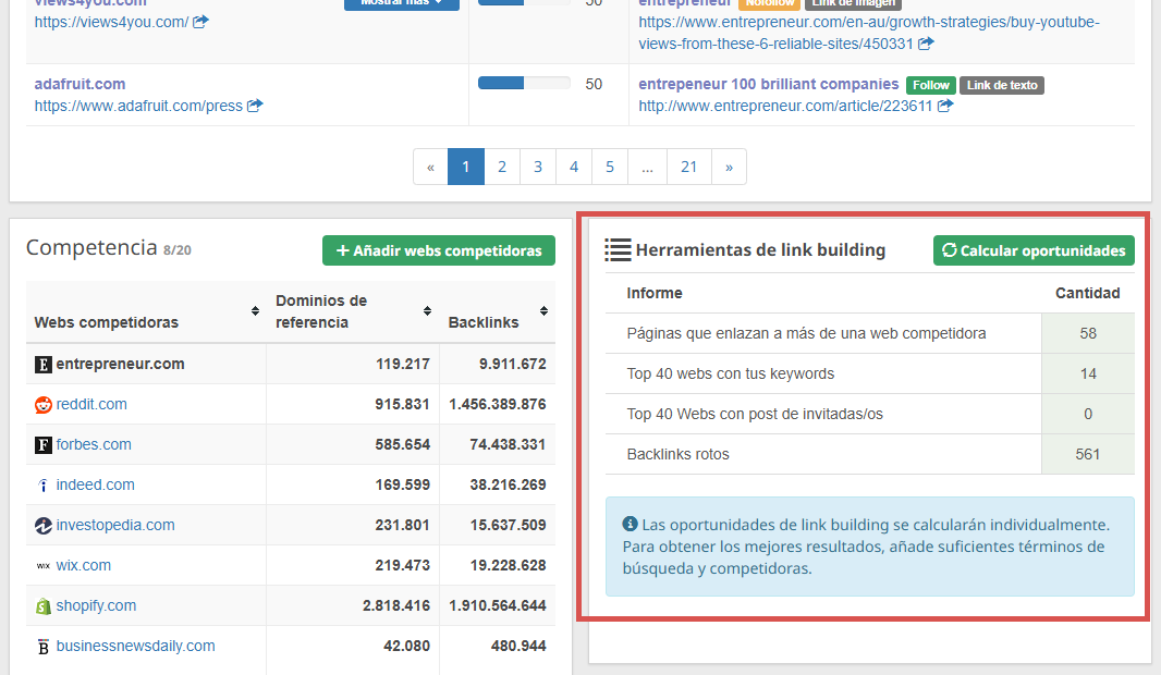 Herramientas de Link building en el software anterior