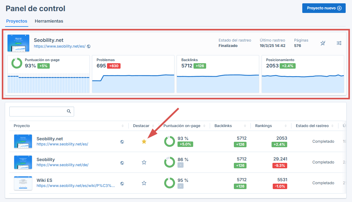 Vista expandida de un proyecto en Seobility 2.0