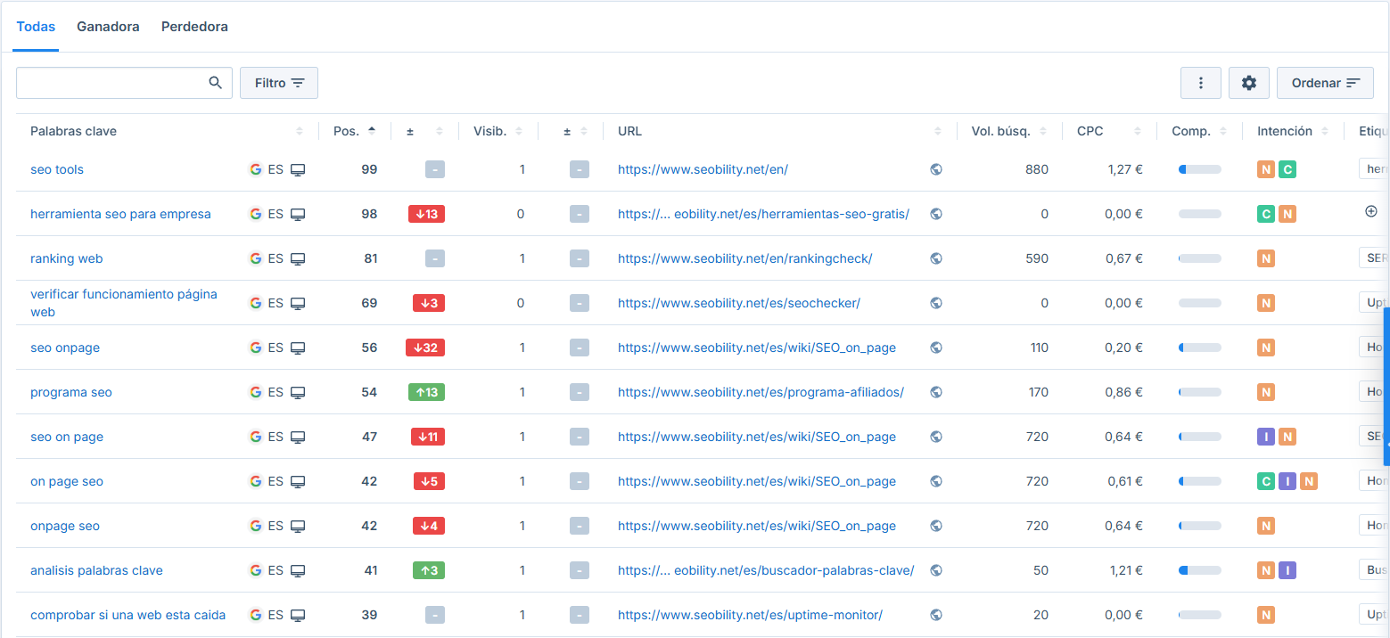 Informe de palabras clave del Rank Tracker