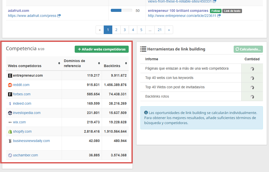 Antigua herramienta de “Competencia” en Seobility 1.0