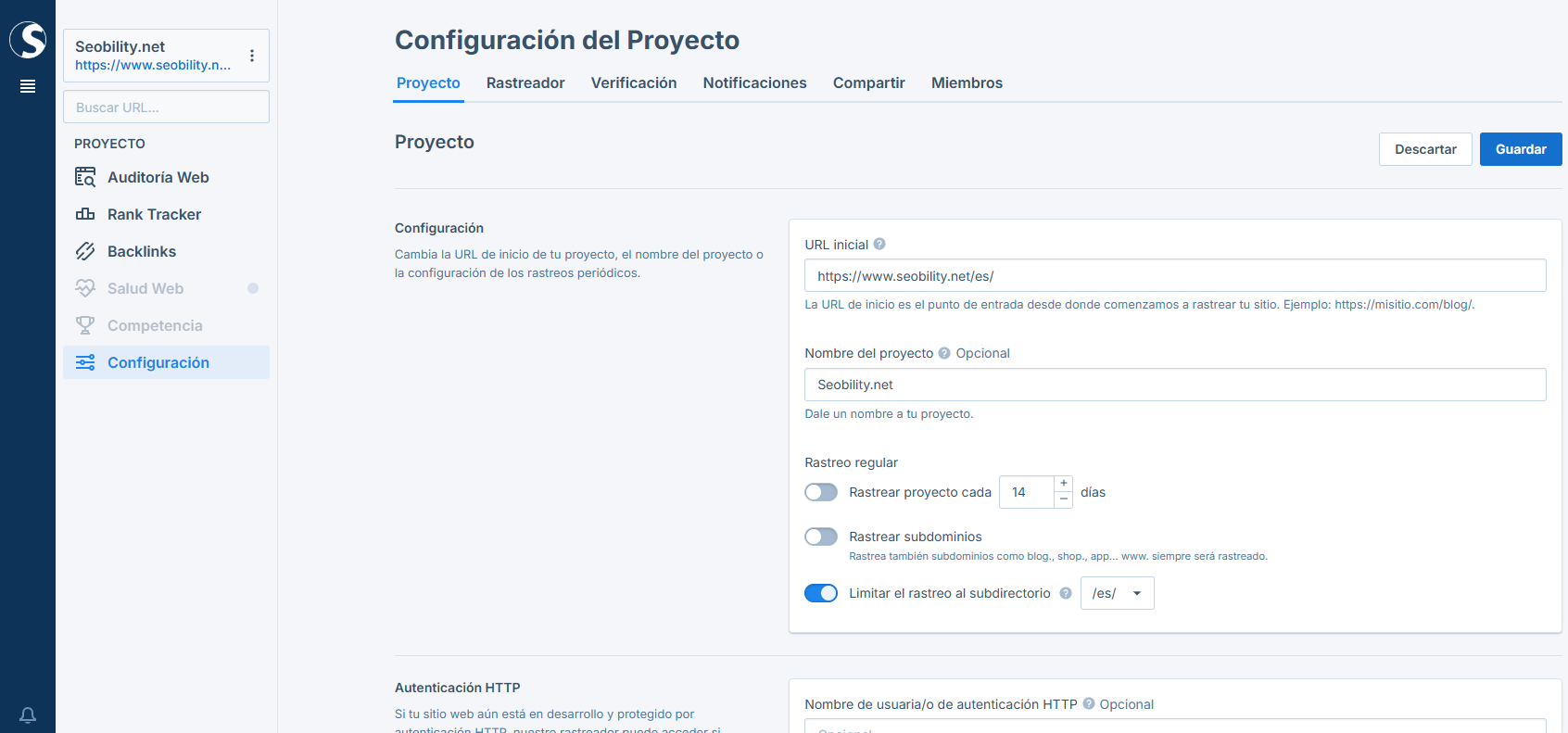 Nueva sección de “Configuración del Proyecto” en Seobility 2.0