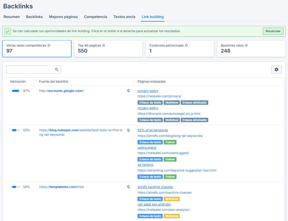 Herramientas de Link building en Seobility 2.0