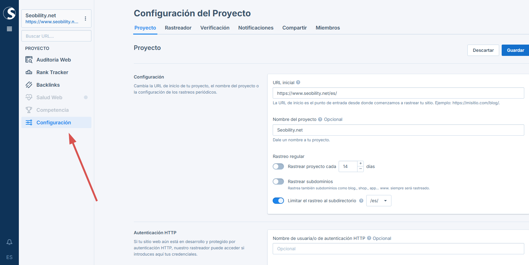 Nueva sección de configuración en Seobility 2.0