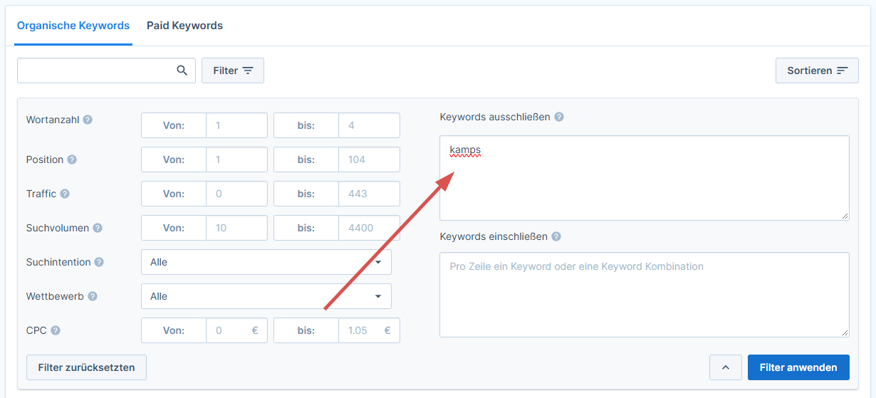 Keywords ausschließen in den Filter-Möglichkeiten