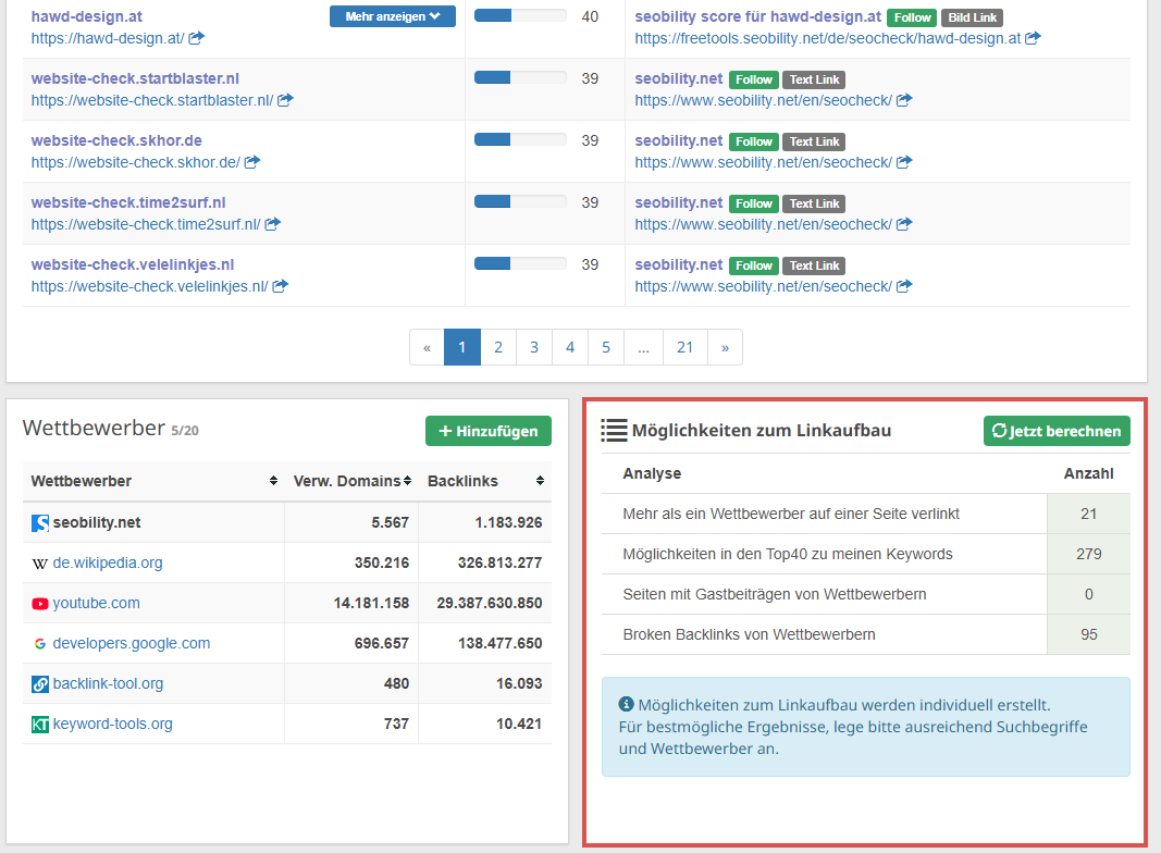 die Möglicheiten zum Linkaufbau befanden sich im alten Interface am unteren Ende des Backlinks Dashboards