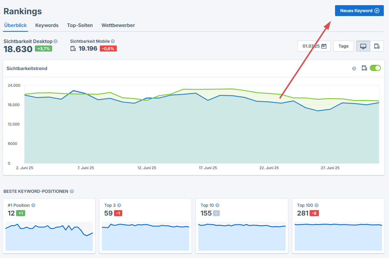 Button Neues Keyword rechts oben im Rankings Bereich