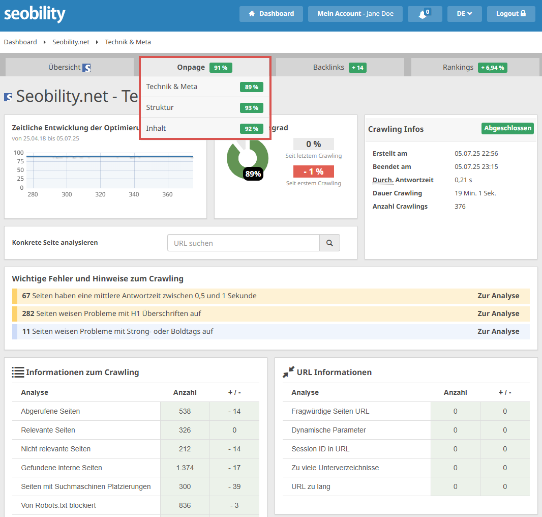 der Onpage-Bereich im alten Interface