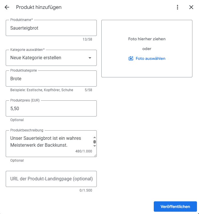Hinzufügen neuer Produkte im Google Unternehmensprofil