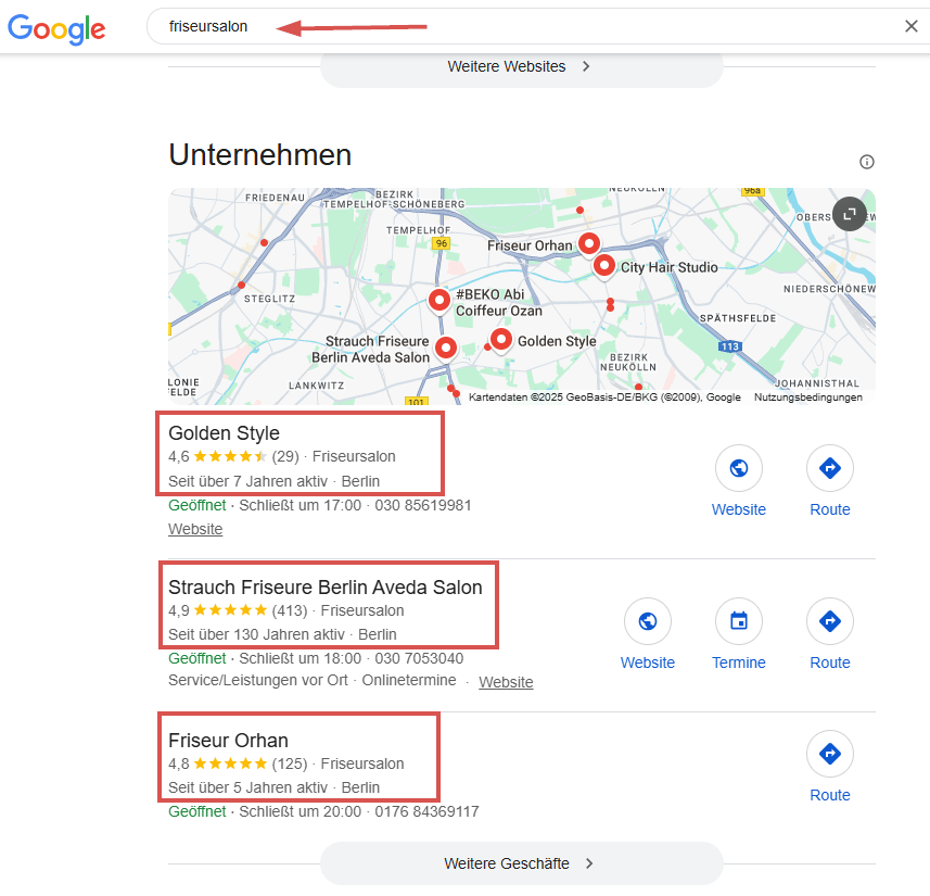 Google Suche nach einem Friseur-Salon