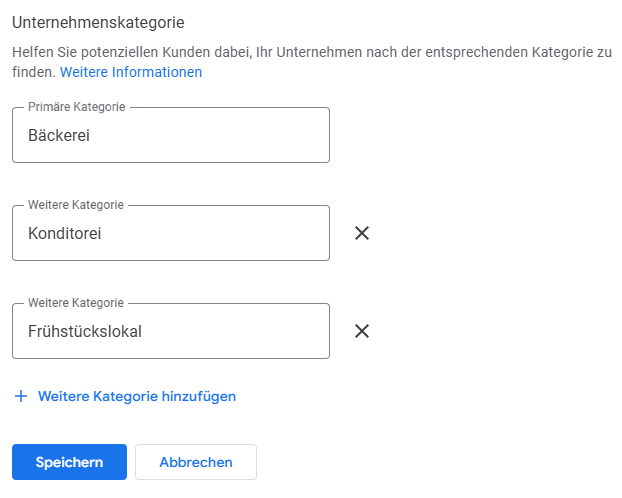 Bearbeitung der Unternehmenskategorien