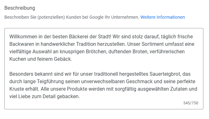 Bearbeitung der Beschreibung im Google Unternehmensprofil