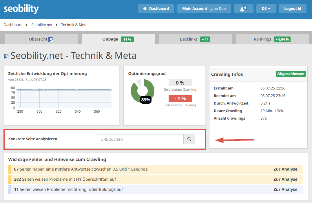 in Seobility 1.0 befand sich die URL-Suchfunktion im Onpage-Bereich