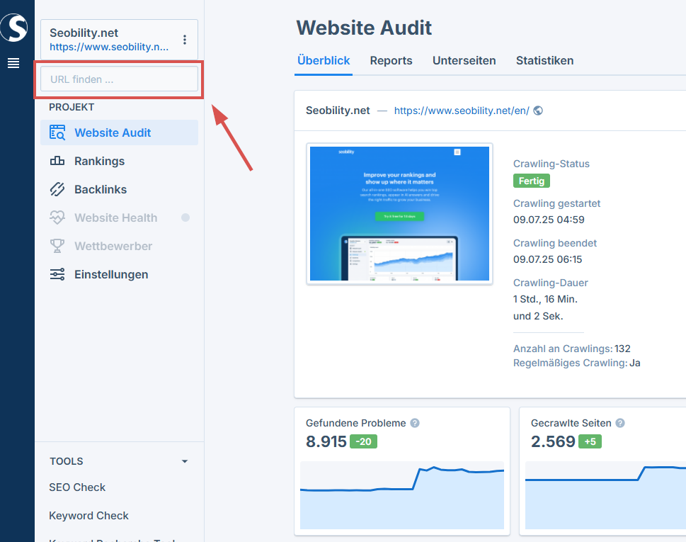 URL-Suche in Seobility 2.0