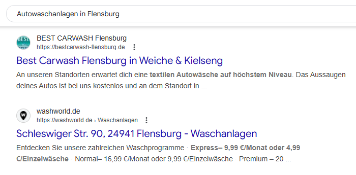 Google Suche nach Autowaschanlagen in Flensburg