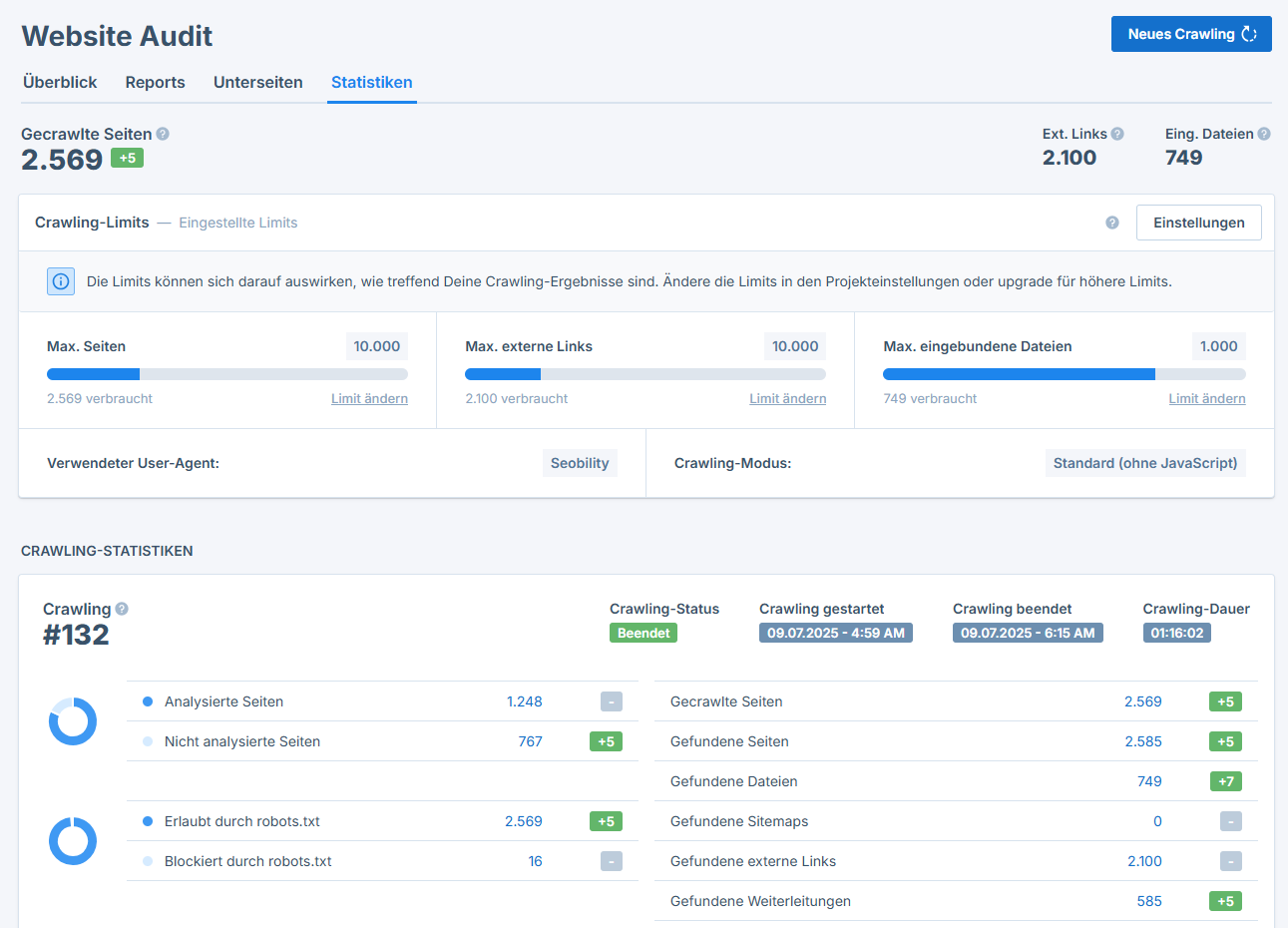 der Tab Statistiken im neuen Website Audit Bereich