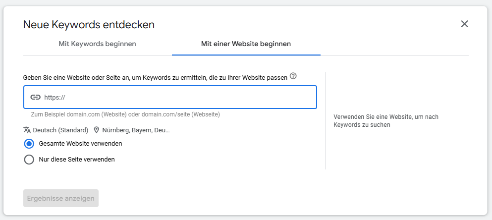 : Beginne Deine Suche im Google Keyword Planer mit einer konkreten Website