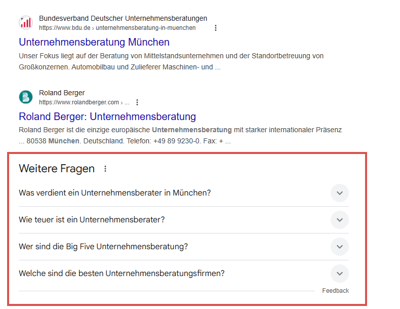 Google zeigt einen Bereich mit weiteren Fragen in den Suchergebnissen an