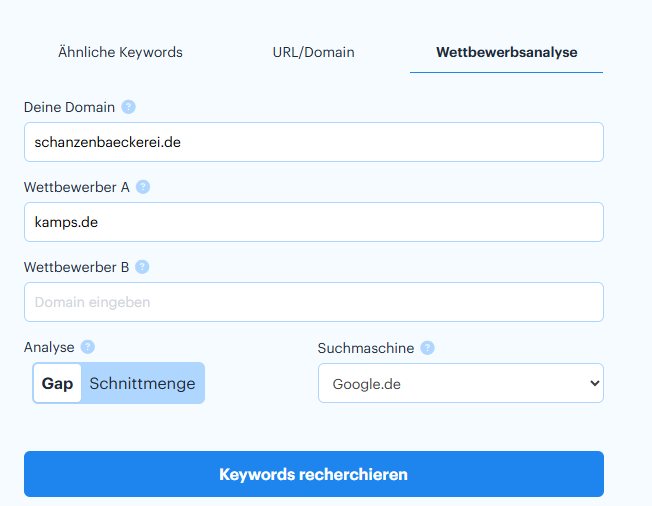 im dritten Tab des Keyword Recherche Tools kann eine Wettbewerbsanalyse durchgeführt werden