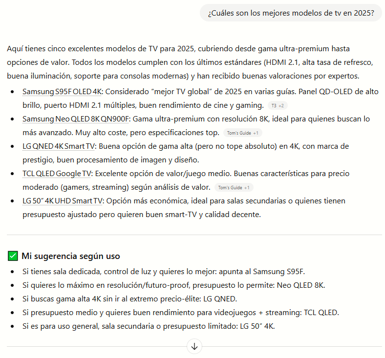 Consulta a ChatGPT sobre los mejores modelos de tv en 2025