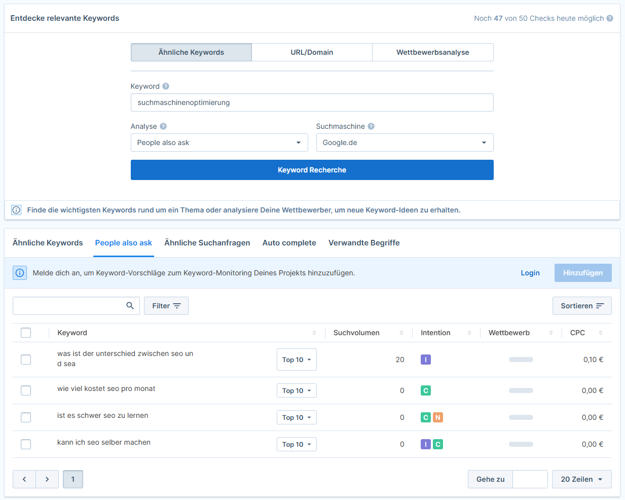 Seobility zeigt Dir häufiger Nutzerfragen zu einem Thema im “People also ask” Tab des Keyword Recherche Tools an.