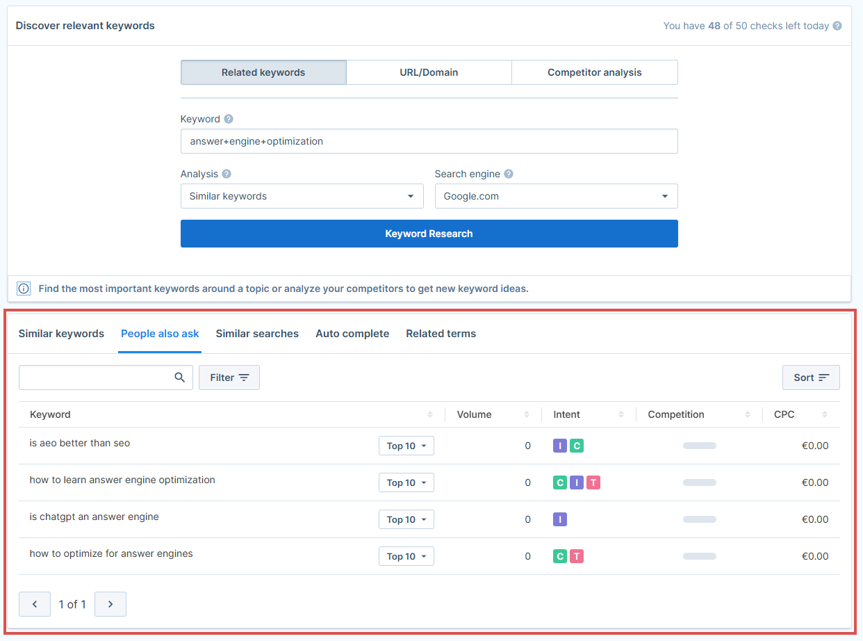 Seobility’s Keyword Research Tool helps you find user questions related to a keyword in the “People also ask” tab