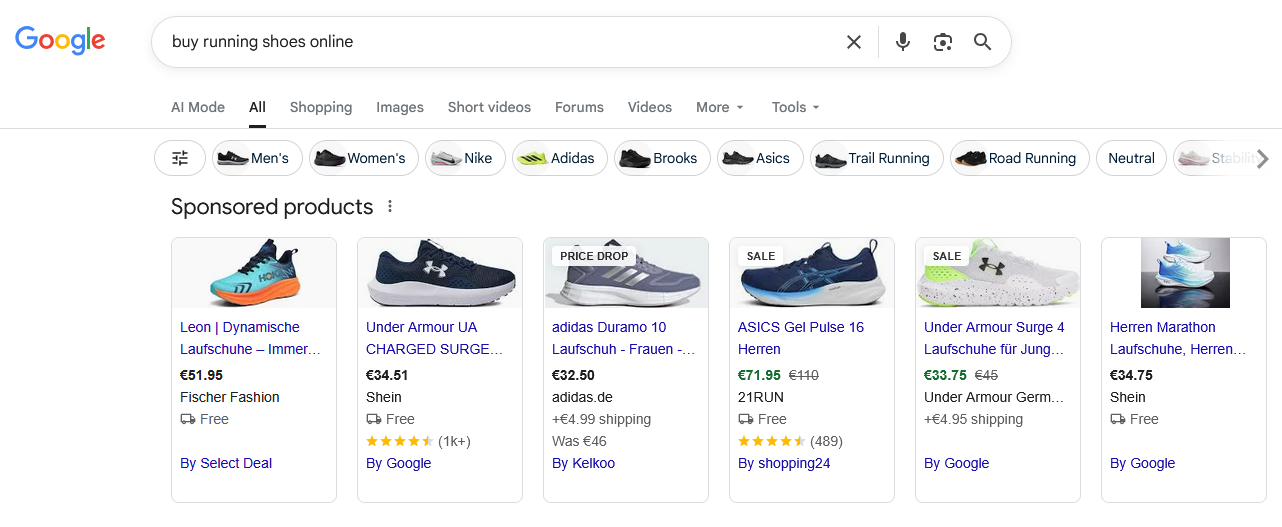 a product carousel in Google's search results