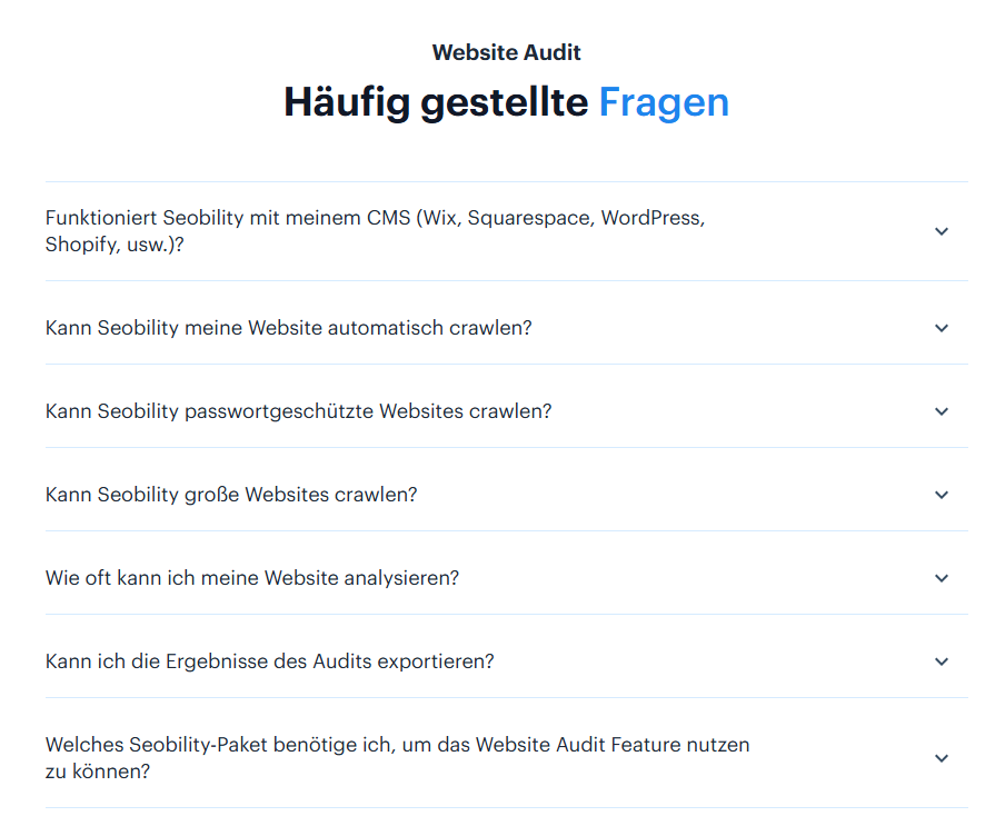 Beispiel eines FAQ-Bereichs auf der Seobility Website