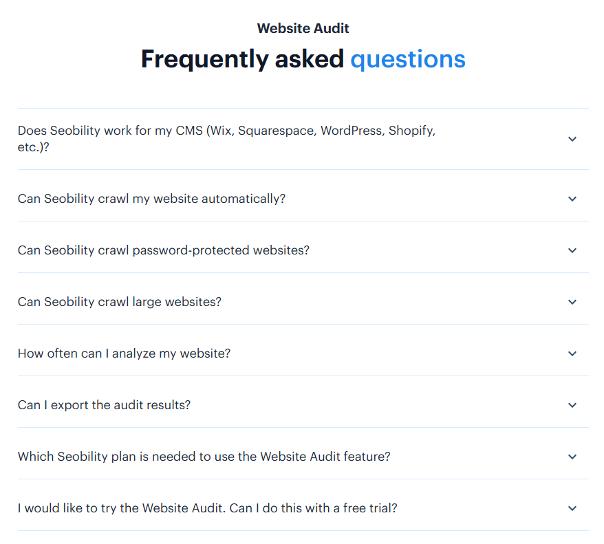 Example of FAQ section on the Seobility website