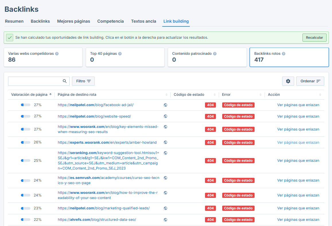 Herramientas para hacer link building de Seobility, donde se pueden ver backlinks rotos