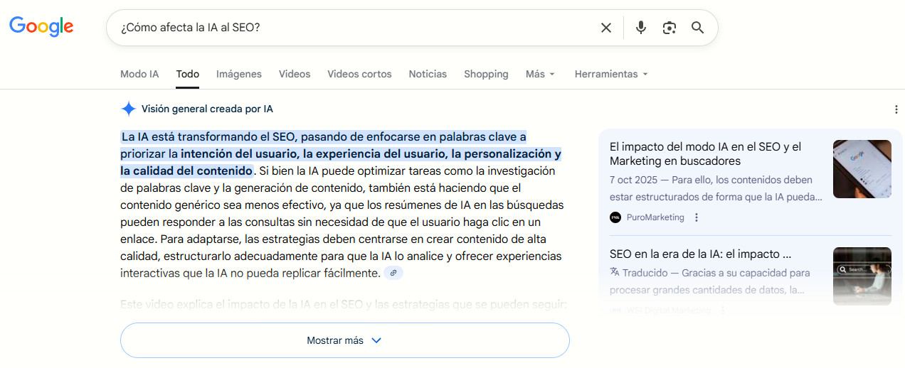 Resultados de Google con respuesta de IA sobre SEO