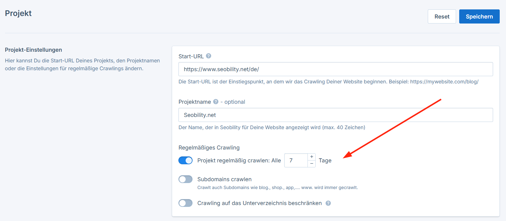 Aktiviere regelmäßige Crawlings in den Seobility Projekt Einstellungen