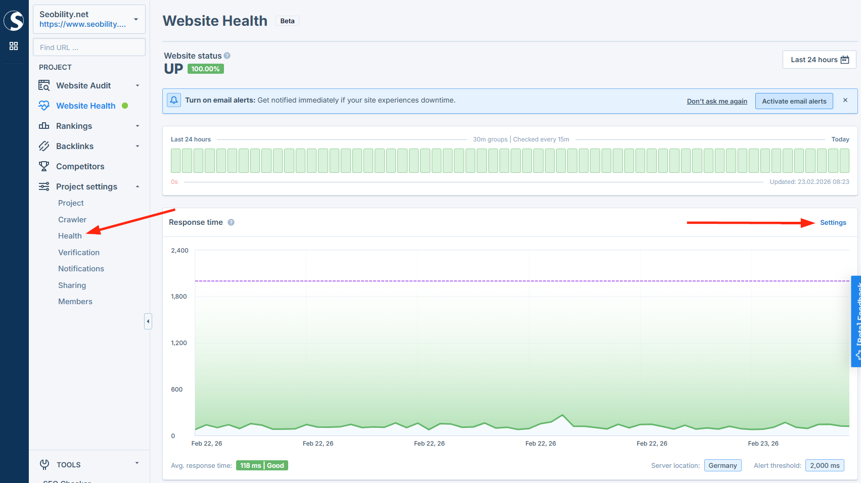 How to access the Website Health settings