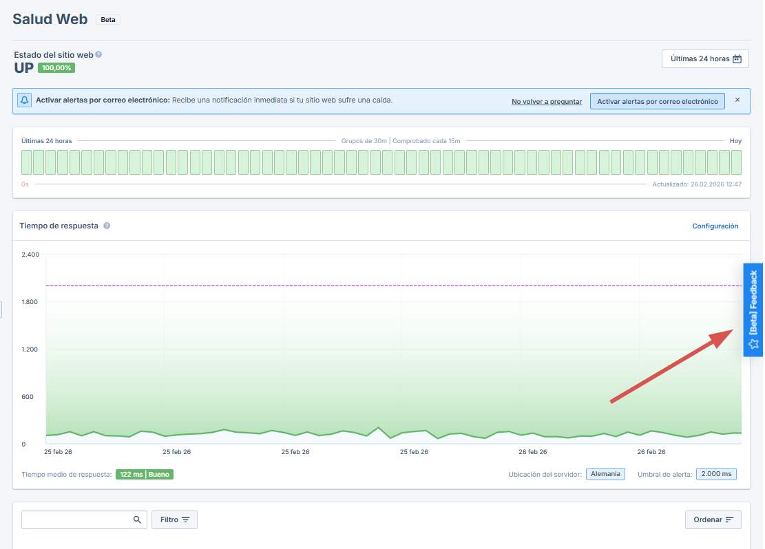 Botón de feedback en el panel de Salud Web