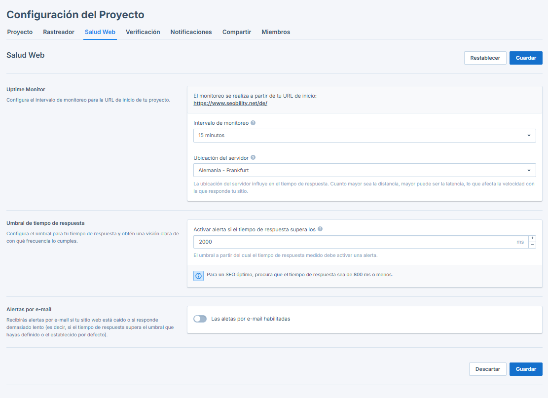 Configuración del monitor de Salud Web