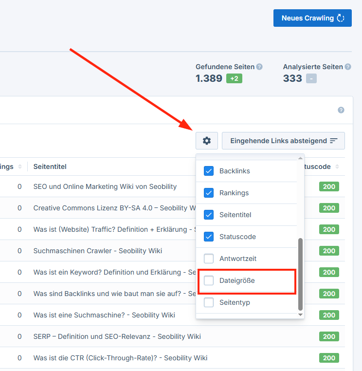 Spalte Dateigröße einblenden