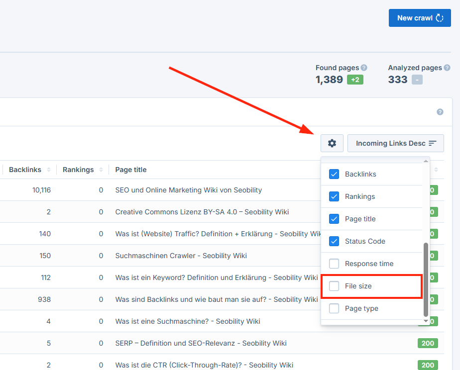 enable filesize column