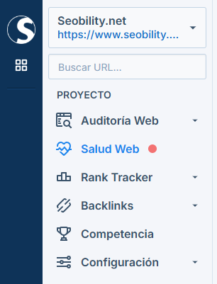 Seobility muestra un punto rojo en la navegación si tu sitio web está caído.