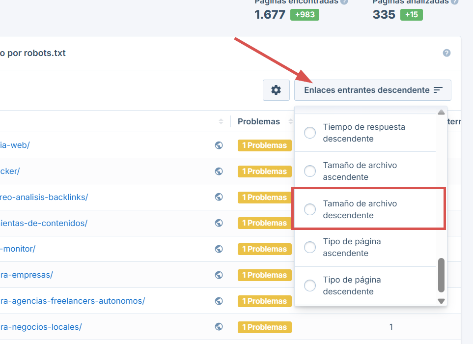 Activa la columna de tamaño de archivo.