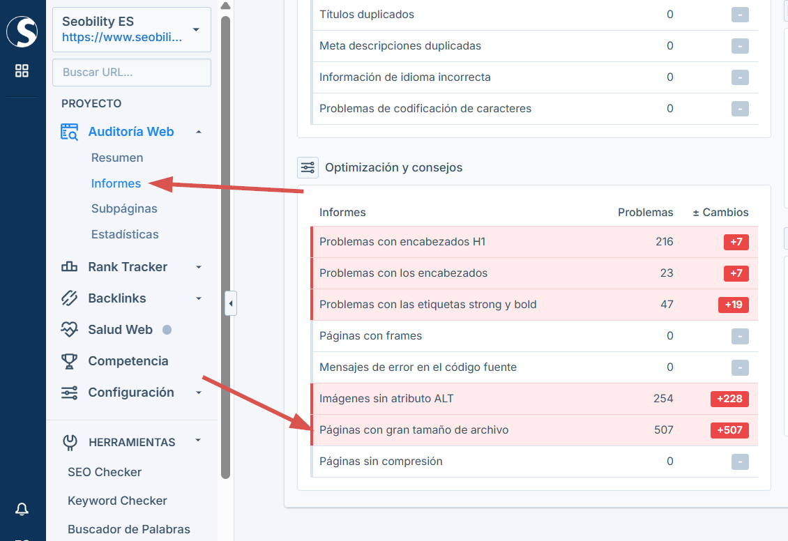 La auditoría de sitios web de Seobility tiene un informe específico para las páginas con tamaños de archivo grandes.