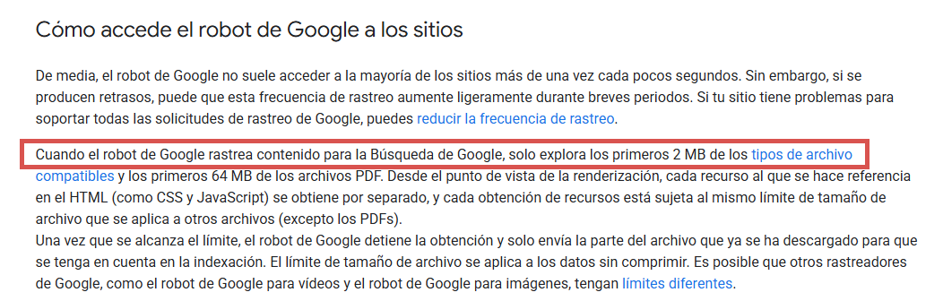 El nuevo límite de Google en la documentación de Search Central de Google.